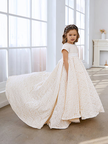 A-line Lace Sweep Train Ivory Dress (010146744)