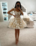 Champagne Spaghetti Straps Sequins A-Line Short Homecoming Dress with Appliques