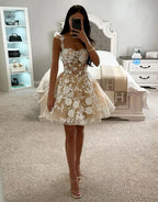 Champagne Spaghetti Straps Sequins A-Line Short Homecoming Dress with Appliques