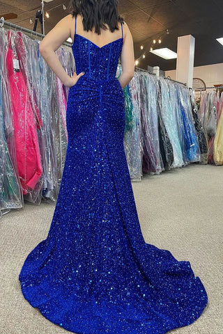 Spaghetti Straps Sequins Mermaid Long Corset Prom Dress with Slit