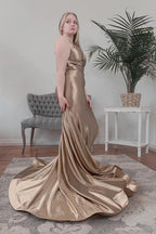 Champagne Halter Mermaid Backless Prom Dress