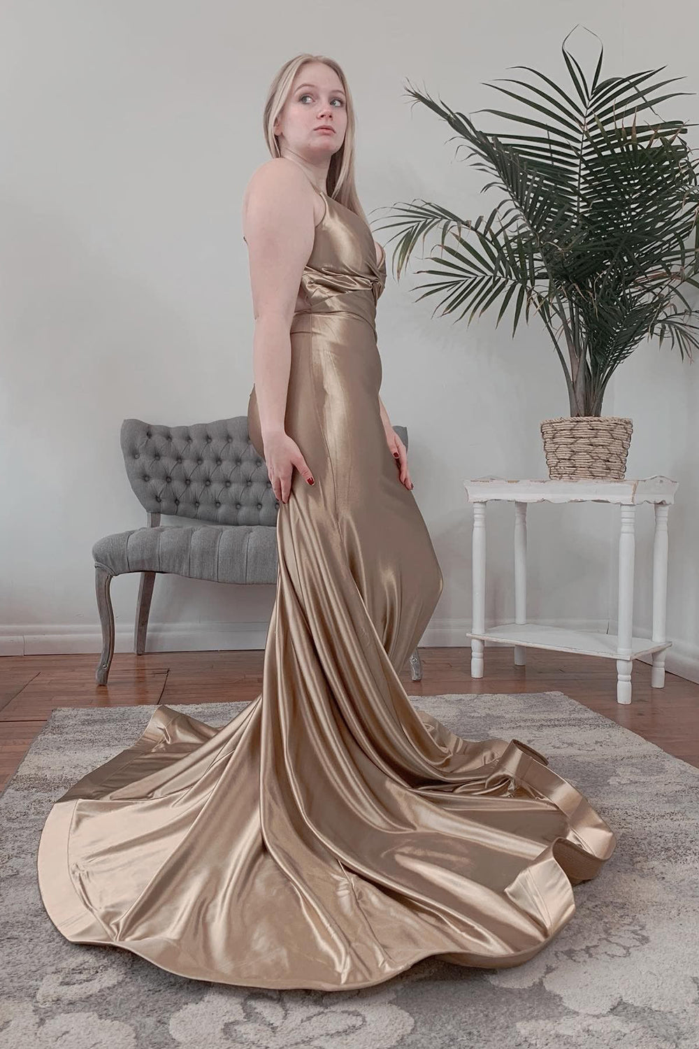 Champagne Halter Mermaid Backless Prom Dress