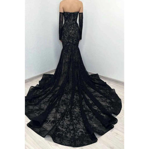 Robe de soirée noire sirène romantique en dentelle 