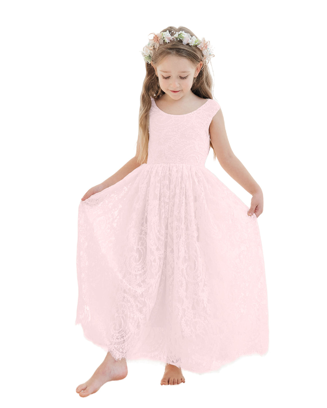 Vestido boho de niña de las flores color marfil, corte en A, de encaje y largo hasta el tobillo 