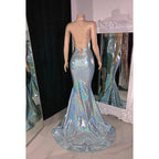 Robe de bal longue à bretelles spaghetti et col en V, fendue et pailletée
