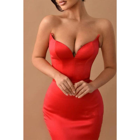 Satin Trumpet V-neck Strapless with Train Formal Dress