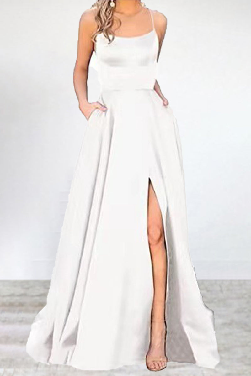Vestidos de noche sexys, formales, de color liso, con escote en U y abertura alta. 