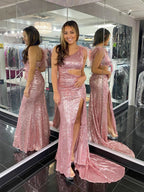 Vestido de sirena negro brillante único de un solo hombro para baile de graduación