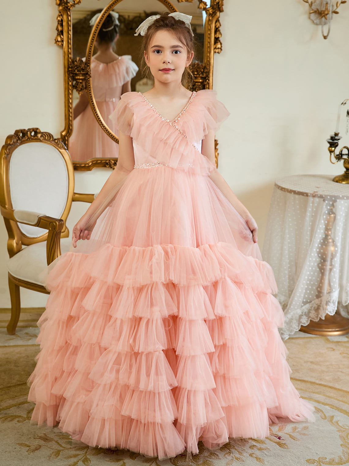 Vestido rosa perla de corte A con cola de tul (2003225563) 