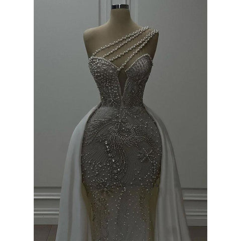 Robe de bal longue à une épaule et col en V, scintillante et perlée, robes de mariée 