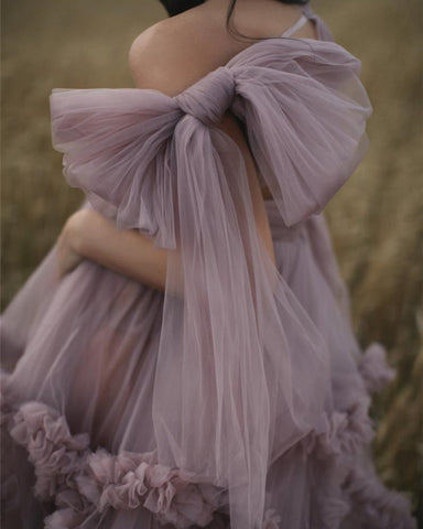 Bata premamá rosa empolvado para sesión de fotos o baby shower. Vestido elegante de tul con volantes para mujer. Bata de noche para fotografía.