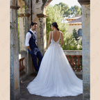 Sleeveless Wedding Dress For Women Tulle V-Neck Bridal Gown Illusion Backles A-line Vestido De Noiva Spaghetti Straps