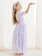 Vestido boho de niña de las flores color marfil, corte en A, de encaje y largo hasta el tobillo 