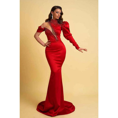 Vestido elegante de fiesta formal rojo de cuello alto con cuentas de satén y mangas largas 