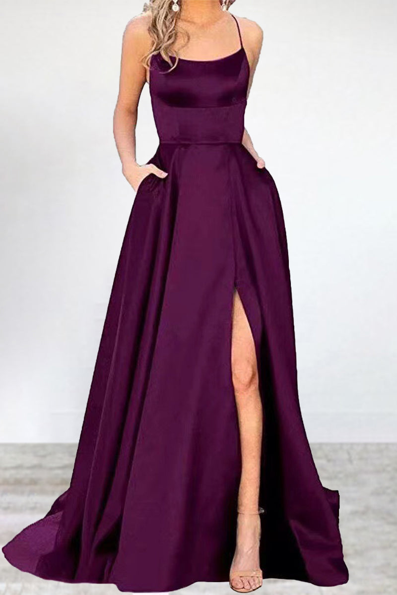 Vestidos de noche sexys, formales, de color liso, con escote en U y abertura alta. 