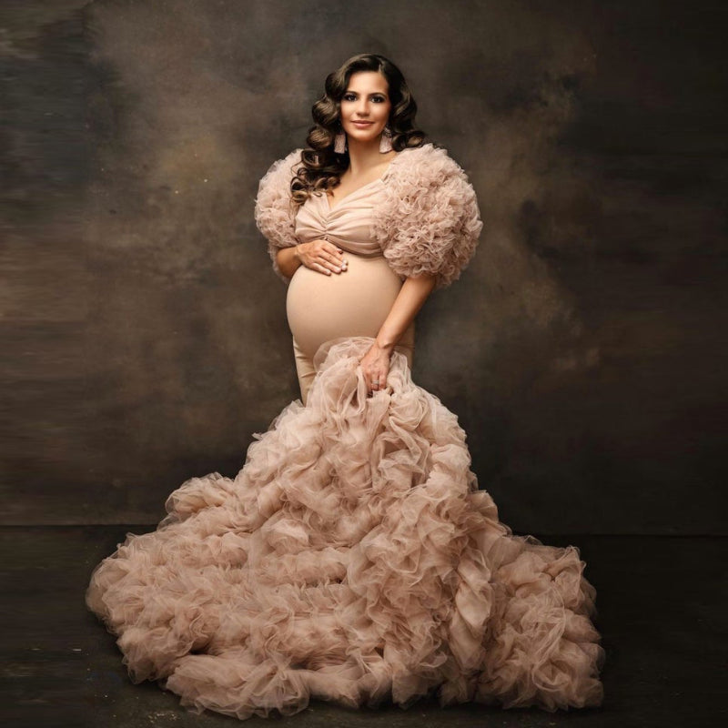 Elegante vestido de maternidad de tul, vestido de maternidad color champán, vestidos de maternidad de tul para sesión de fotos, bata, vestidos formales para embarazadas