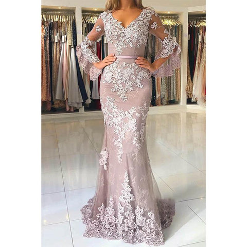 Vestido de noche formal largo estilo sirena/trompeta con mangas murciélago y apliques de tul 