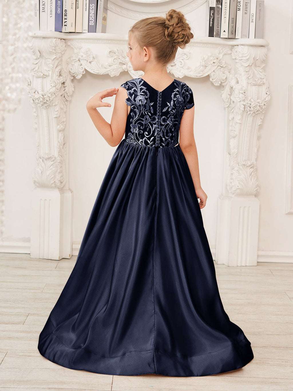 Vestido de niña de las flores de corte A, de satén y encaje, hasta el suelo 