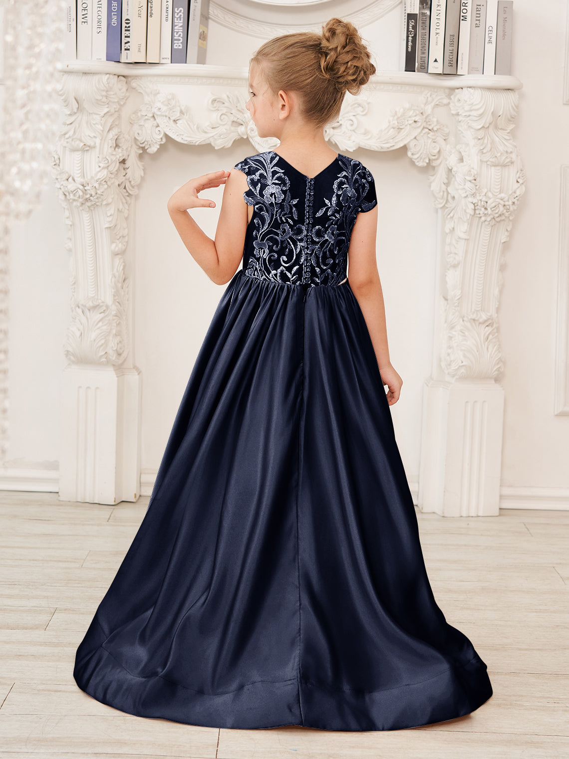 Vestido de niña de las flores de corte A, de satén y encaje, hasta el suelo 
