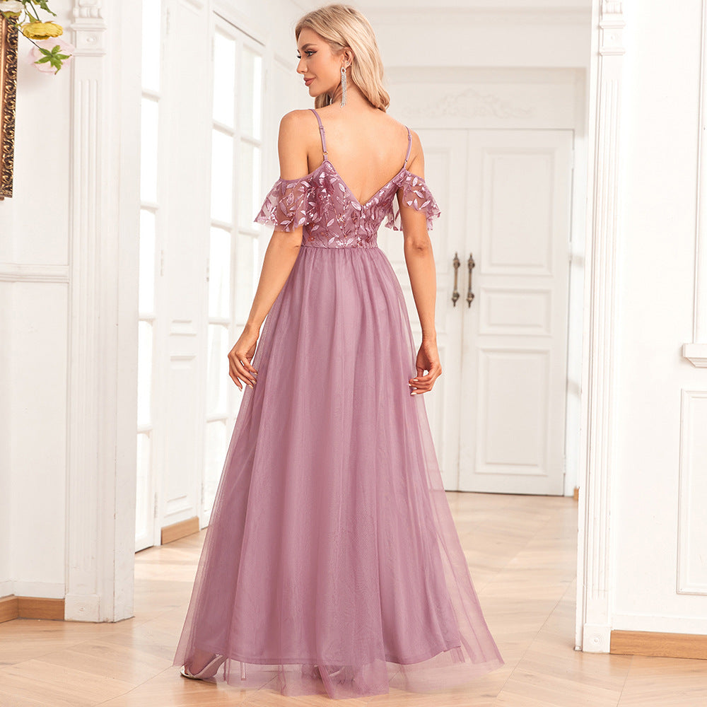 Women Elegant Off The Shoulder Strap Sleeve Double V Neck Tulle Stitching Embroidered Sequ A Swing Long Party Evening Dress