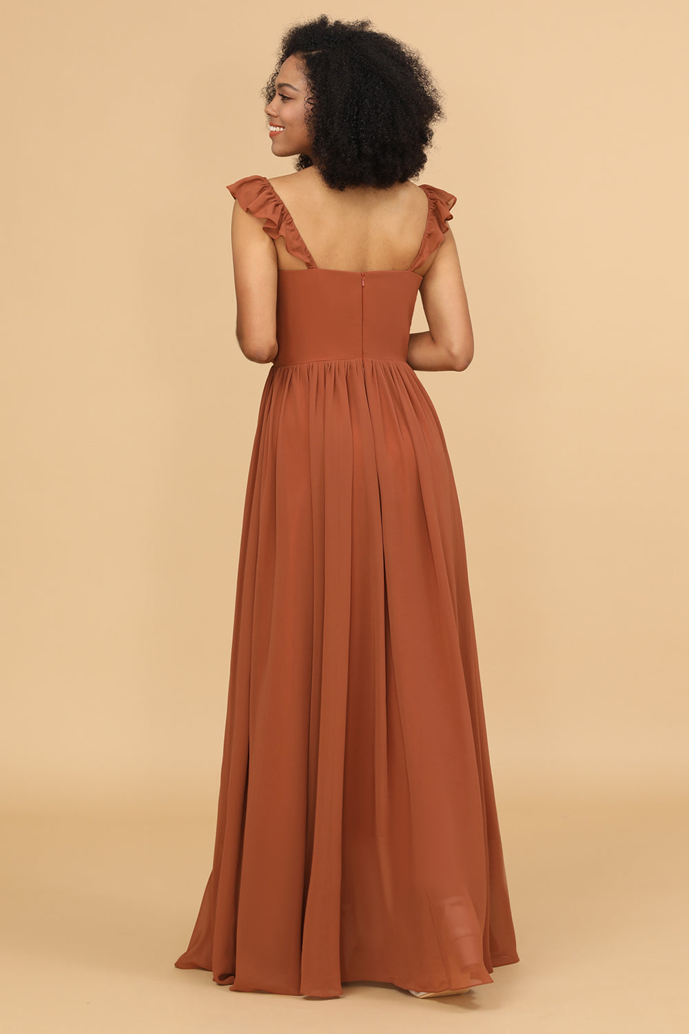 Vestido de dama de honor largo hasta el suelo, corte en A, de gasa color terracota con volantes