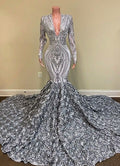 Long Sleeves V-Neck Sequins Lace Mermaid Prom Dress with Flowers Bottom