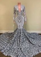 Long Sleeves V-Neck Sequins Lace Mermaid Prom Dress with Flowers Bottom