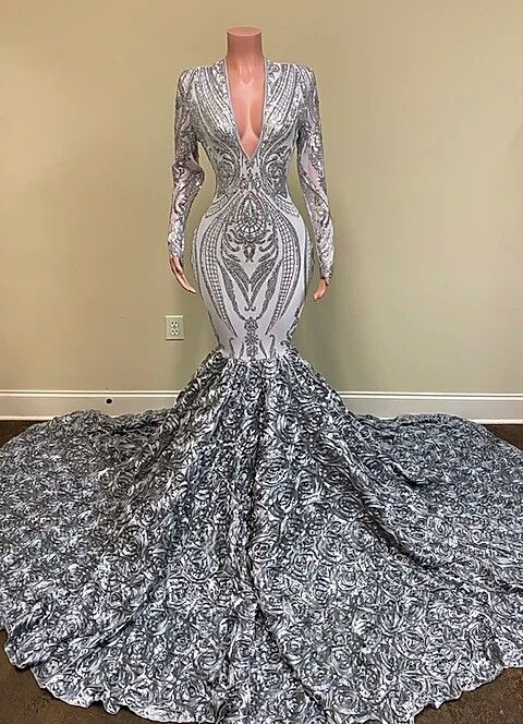 Long Sleeves V-Neck Sequins Lace Mermaid Prom Dress with Flowers Bottom