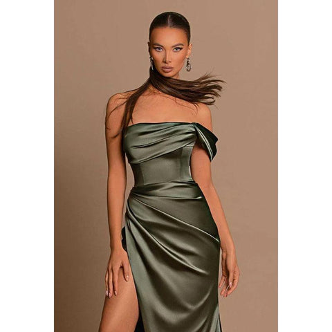 Robe de soirée longue bustier asymétrique froncée avec fente