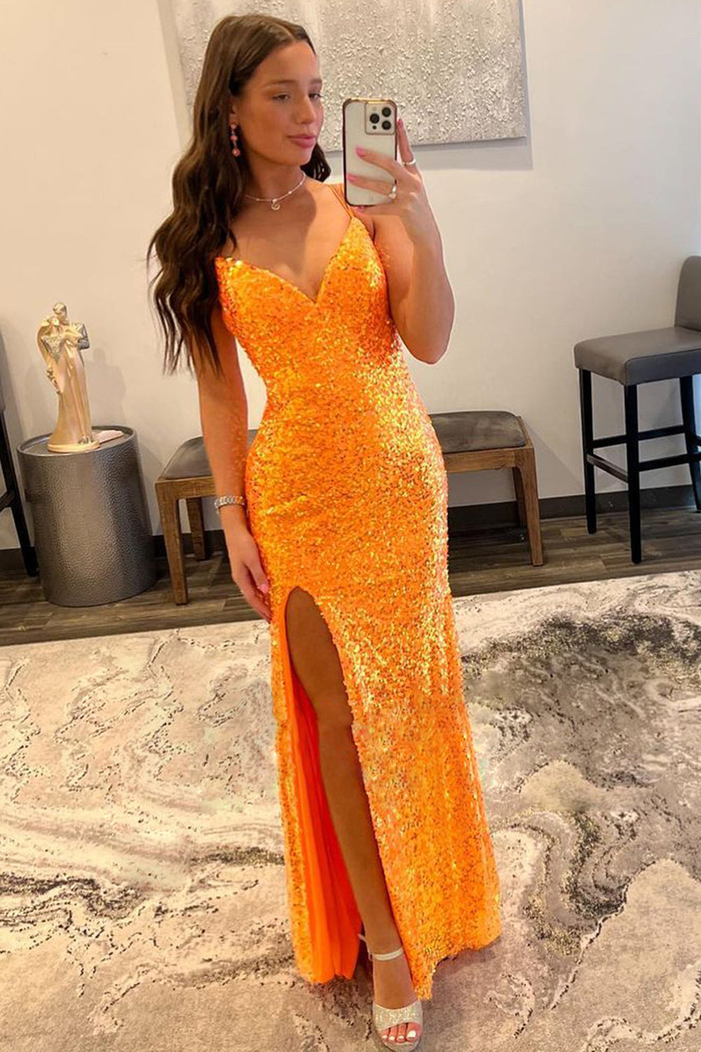 Sheath Spaghetti Straps Orange Sequins Long Prom Dress with Split Front