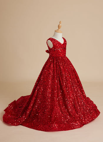 Deslumbrante vestido de princesa rojo con lentejuelas, escote en V y cola para niñas 