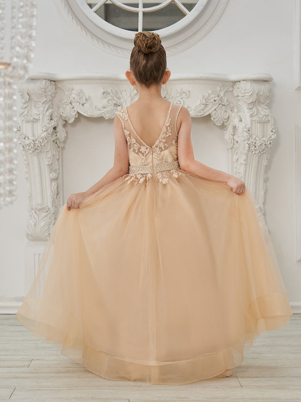 Vestido de princesa/vestido de princesa con cola de tul y vestido de niña de las flores color champán 