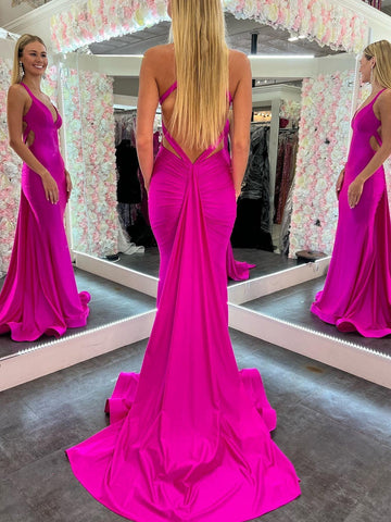 Vestido largo de fiesta de satén rosa sirena con escote en V y espalda descubierta