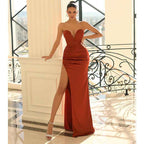 Vestido de fiesta largo de sirena con pliegues y escote en V sexy y abertura 