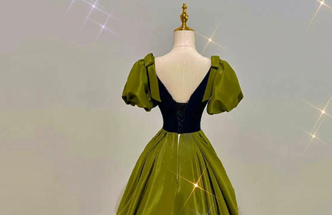 Robe de bal sexy verte en satin, col en V, manches bouffantes, robe de soirée Y7600