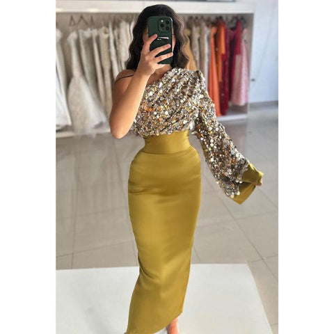 Sequins One Shoulder Green Long Sleeves Prom Dress Evening Gowns