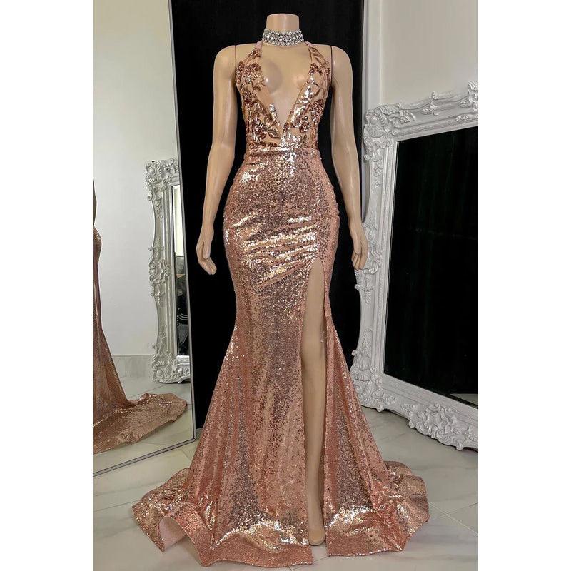 Superbe et charmante robe de soirée sirène à col en V et sans manches avec fente et paillettes