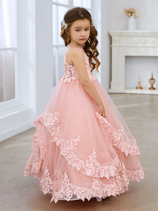 Vestido de princesa sin mangas de tul con apliques de encaje y cola corta para niñas 