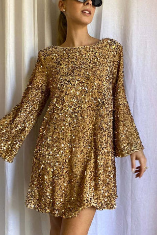 Robe mini ample à paillettes et nœud dans le dos, idéale pour danser toute la nuit 
