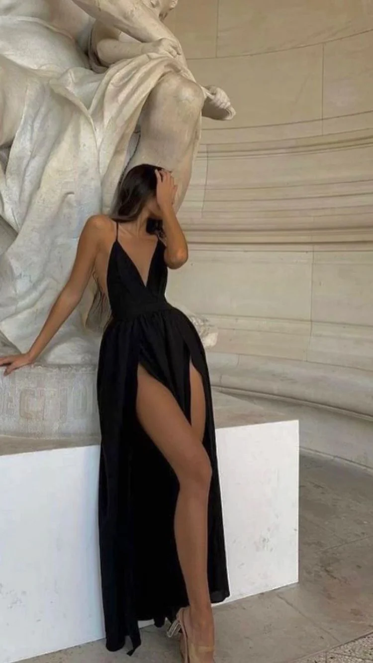 Robe de bal noire à fines bretelles, col en V, robe de soirée sexy fendue jusqu'à la cuisse Y1668