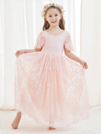 Vestido boho de niña de las flores color marfil, corte en A, de encaje y largo hasta el tobillo 