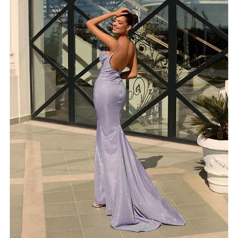 Robe de soirée sirène scintillante à bretelles spaghetti 