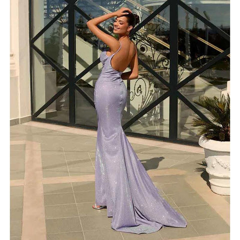 Robe de soirée sirène scintillante à bretelles spaghetti 