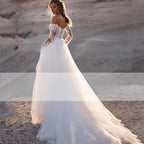Vestido de novia elegante de corte A 2023 para mujer, de encaje, con espalda descubierta, sin tirantes, manga larga desmontable y cola de barrido. 