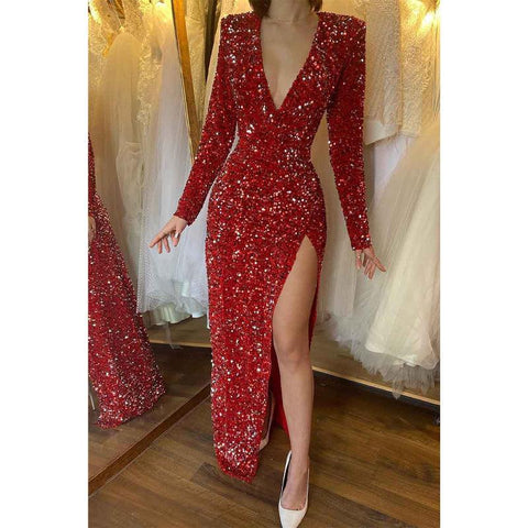 Robe de soirée sexy à col en V profond et manches longues, paillettes scintillantes, avec fente 