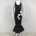 Black Color Women Sleeveless Sexy O-Neck Pearl Beading Bodycon Bandage Gown Dress Celebrate Fashion Evening Party Outfit Vestido