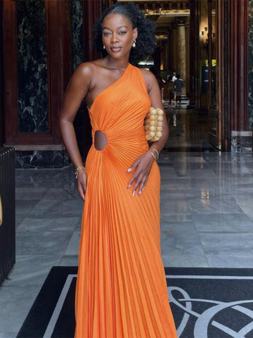 Robe trapèze plissée sans manches à taille roulée, sans manches, à une épaule, sexy, style bal de promo et soirée.