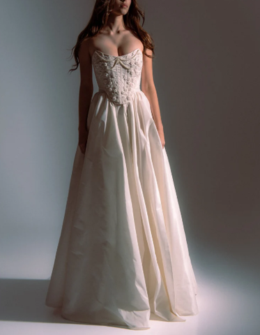 Classy Strapless Satin Beaded Evening Dress A Line Slit Prom Dress Y8314