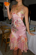 Robe de bal midi rose satinée à imprimé floral, robe de soirée sexy Y8418