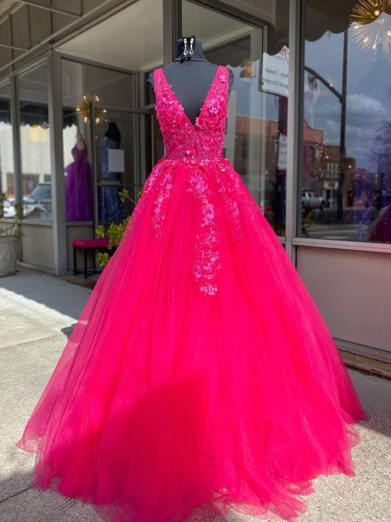 Vestidos de fiesta rosas de encaje con escote en V, vestidos largos de noche formales rosas de encaje con escote en V Y227